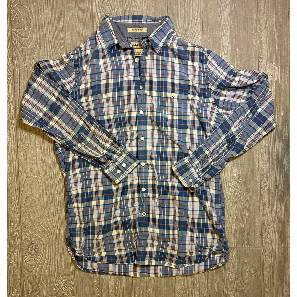 L.L.Bean Mens M Tall Plaid Button Down Shirt Blue Red Cotton Slightly Fitted